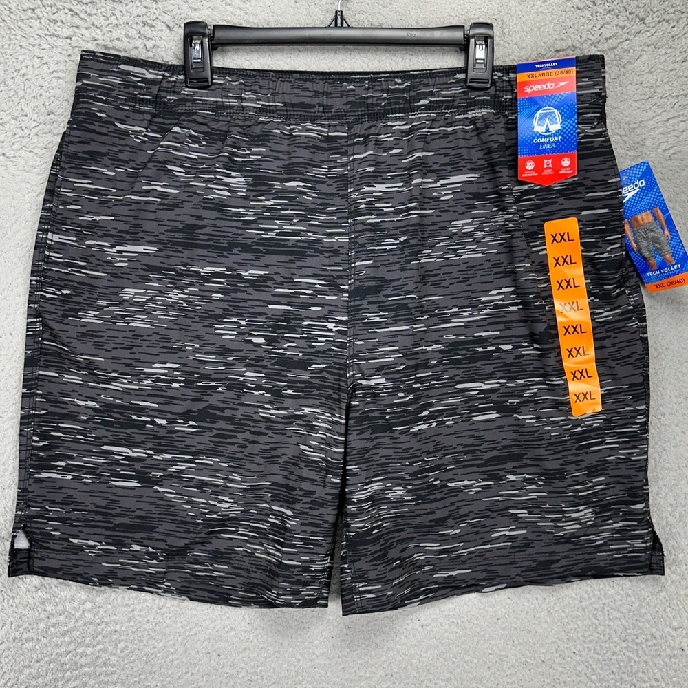 Speedo Tech Volley Mens Athletic Shorts 2XL Black‎ Grey Geometric Drawstring NEW